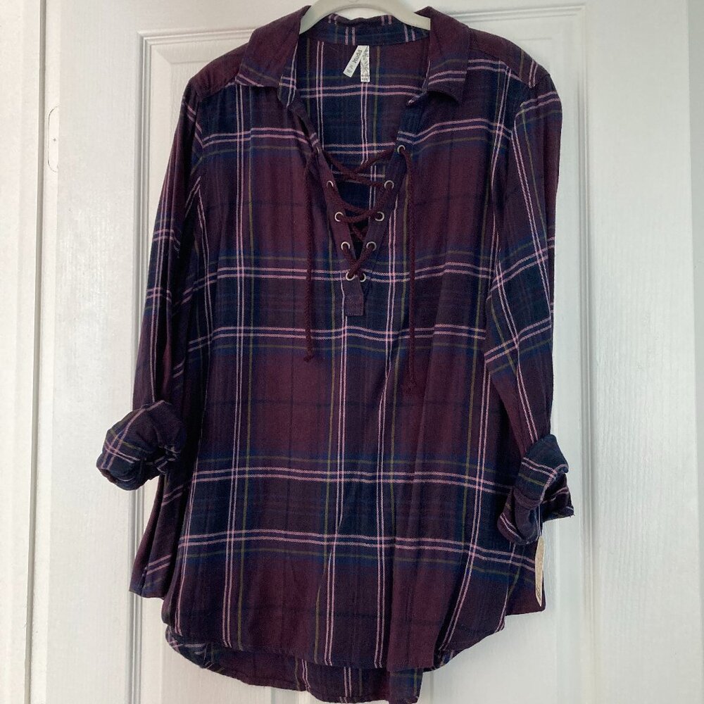 Mudd Purple Plaid Lace Up Flannel Top NWT- Juniors XL